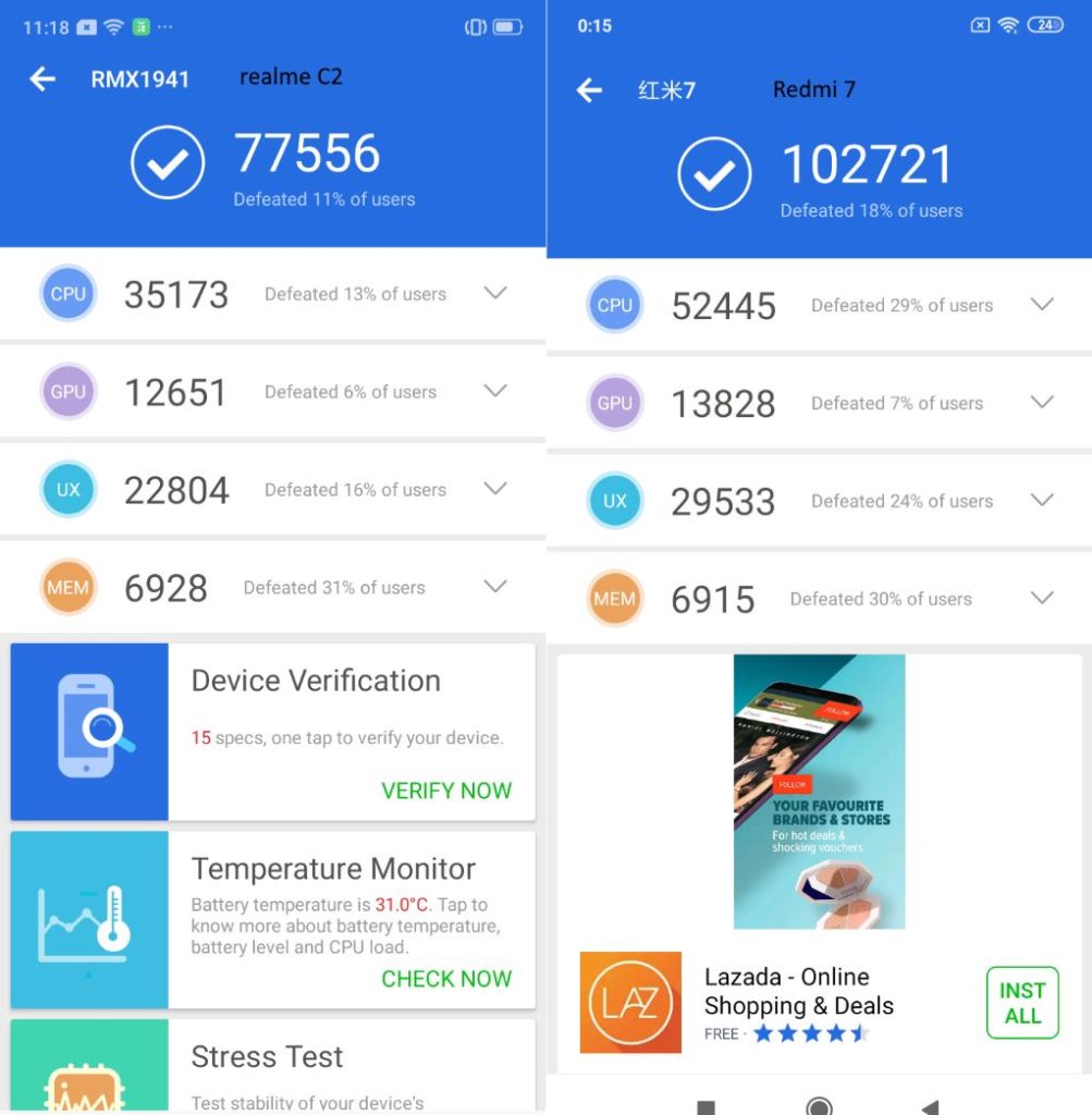 benchmark redmi 7 vs realme c2