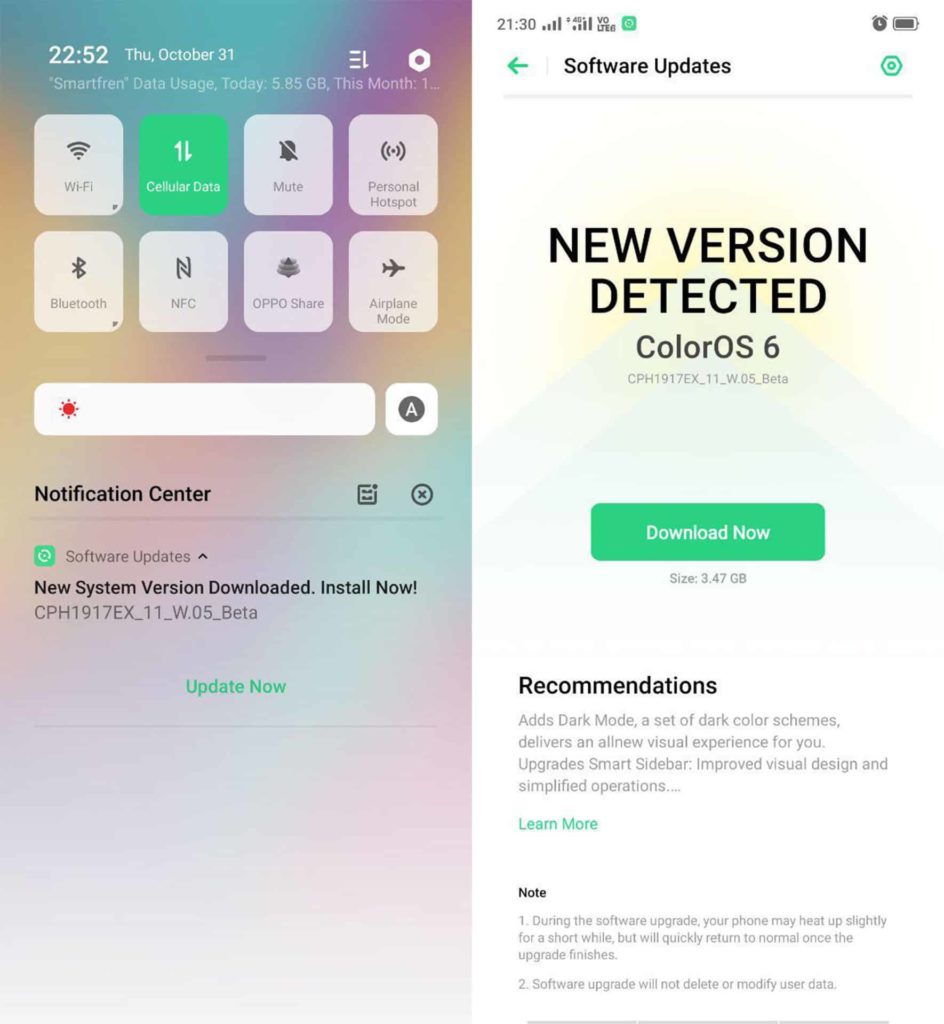 Notifikasi peningkatan ColorOS6 di Reno