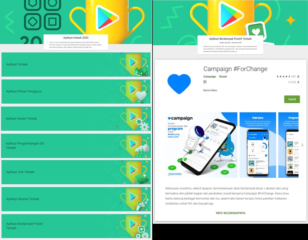 Campaign Menjadi Aplikasi Berdampak Positif Terbaik 2020 Versi Google 52 Aplikasi Campaign #ForChange Google Play Store