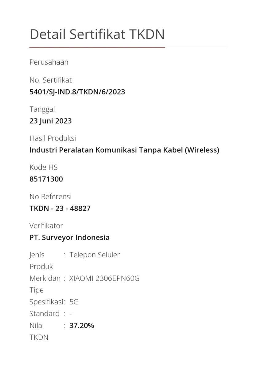 Sertifikat TKDN - Xiaomi 13T