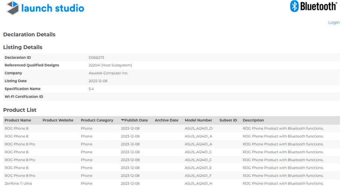 ROG Phone 8 Bluetooth SIG