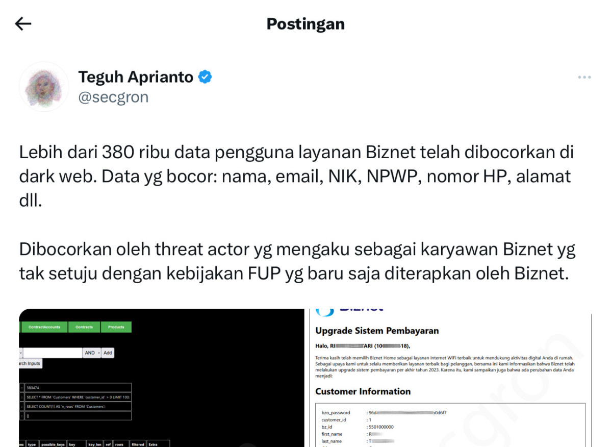 Kebocoran Data Biznet Sebanyak 380 Ribu Terungkap di Dark Web 53 Akun X @secgron ungkap kebocoran data Biznet
