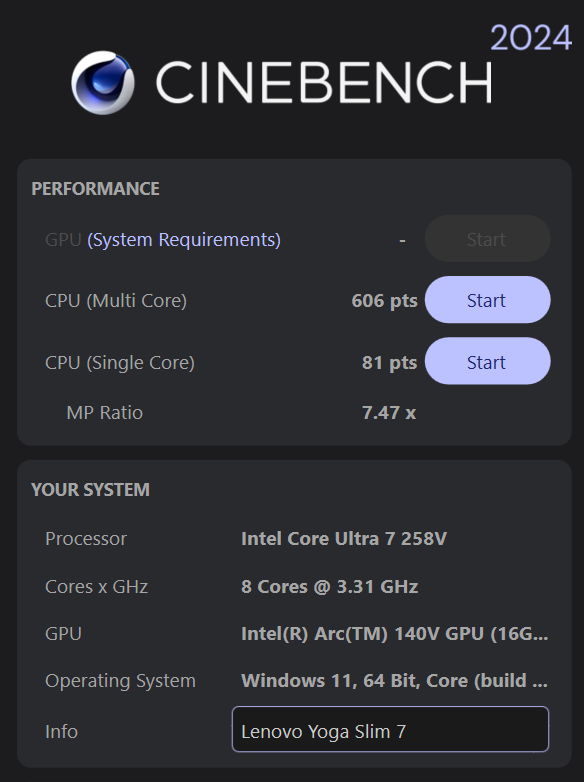 Lenovo Yoga Slim 7i Aura Edition Cinebench Benchmark